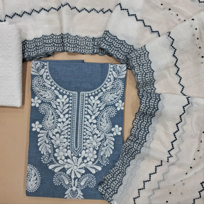 Denim blue soft cotton unstitched salwar material (lining optional) embroidery work on yoke, chikenkari embroidered cotton bottom, soft embroidered mul cotton dupatta. JL260512