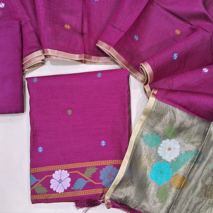 PREORDER SHIPPING AFTER 4 DAYS Designer rani pink jamdani woven silk cotton unstitched salwar material (lining needed)weaving on yoke,thread woven buttas on front, santoon bottom, jamdani woven silk cotton dupatta with gold tissue pallu. JL260705