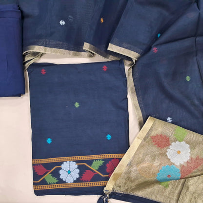 PREORDER SHIPPING AFTER 4 DAYS Designer dark blue  jamdani woven silk cotton unstitched salwar material (lining needed)weaving on yoke,thread woven buttas on front, santoon bottom, jamdani woven silk cotton dupatta with gold tissue pallu. JL260704