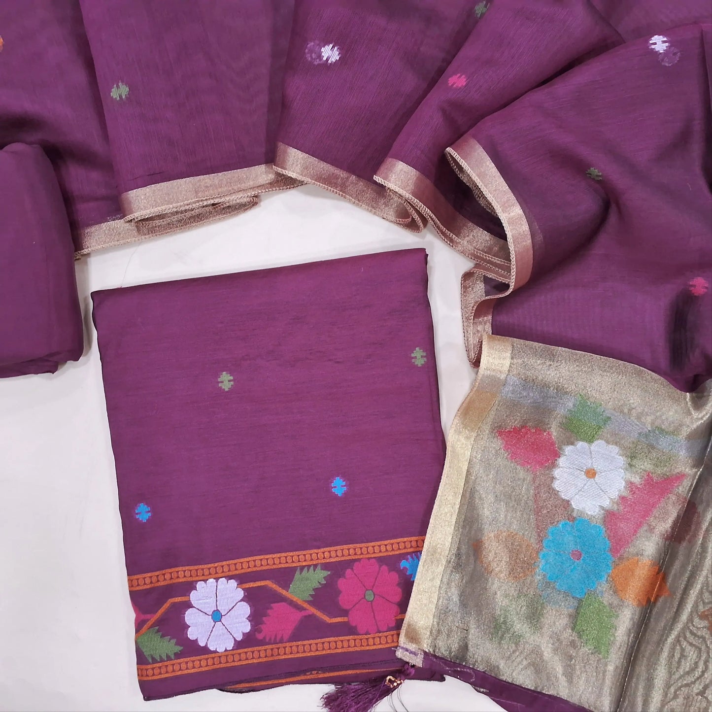 PREORDER SHIPPING AFTER 4 DAYS Designer beetroot purple  jamdani woven silk cotton unstitched salwar material (lining needed)weaving on yoke,thread woven buttas on front, santoon bottom, jamdani woven silk cotton dupatta with gold tissue pallu. JL260703