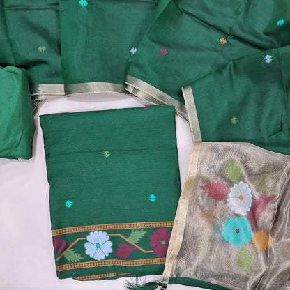 PREORDER SHIPPING AFTER 4 DAYS Designer bottle green jamdani woven silk cotton unstitched salwar material (lining needed)weaving on yoke,thread woven buttas on front, santoon bottom, jamdani woven silk cotton dupatta with gold tissue pallu. JL260702