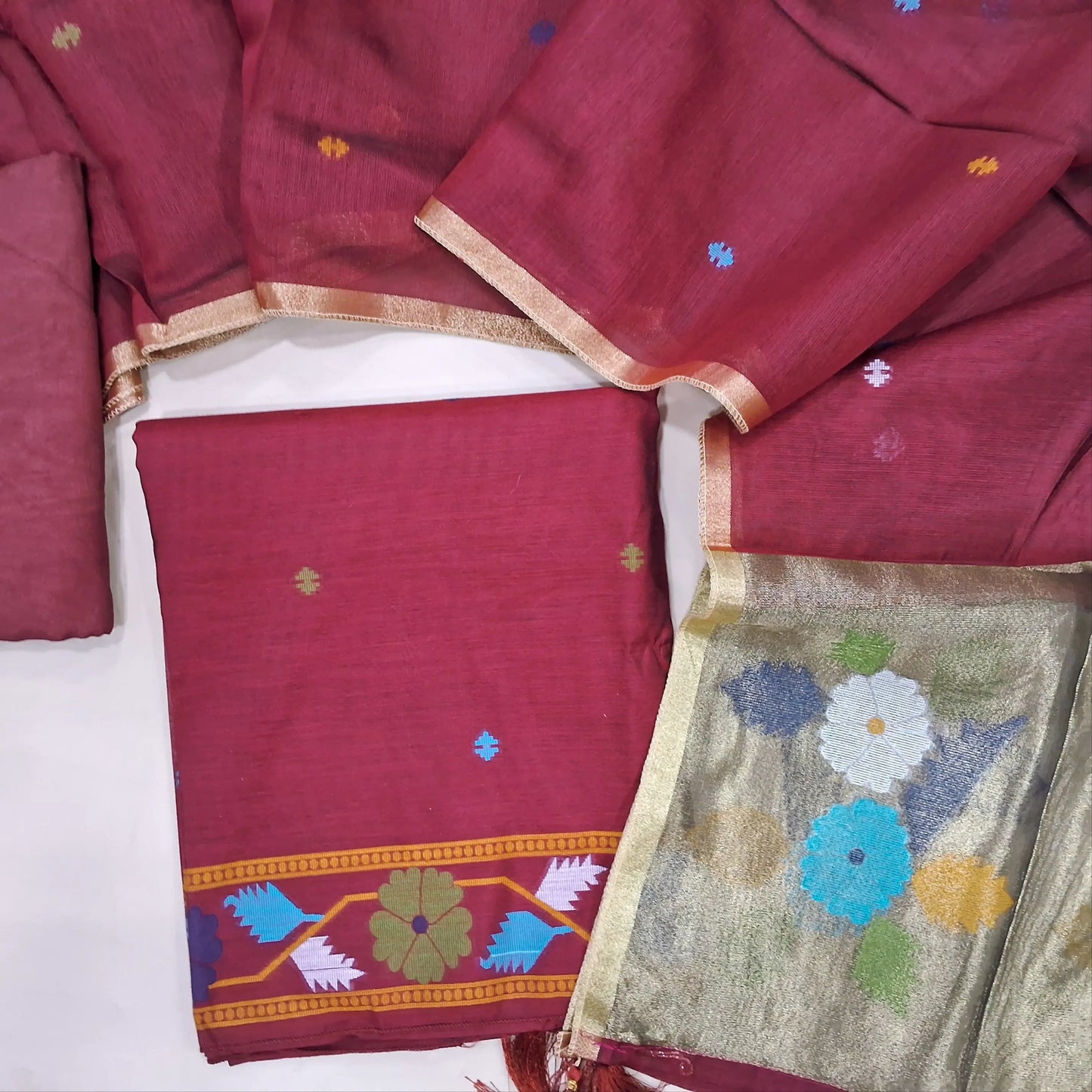 PREORDER SHIPPING AFTER 4 DAYS Designer pinkish maroon jamdani woven silk cotton unstitched salwar material (lining needed)weaving on yoke,thread woven buttas on front, santoon bottom, jamdani woven silk cotton dupatta with gold tissue pallu. JL260701