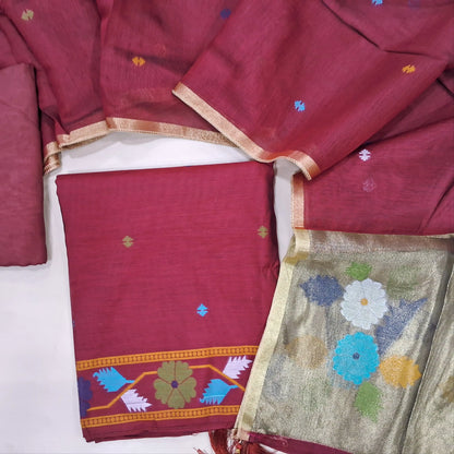PREORDER SHIPPING AFTER 4 DAYS Designer pinkish maroon jamdani woven silk cotton unstitched salwar material (lining needed)weaving on yoke,thread woven buttas on front, santoon bottom, jamdani woven silk cotton dupatta with gold tissue pallu. JL260701