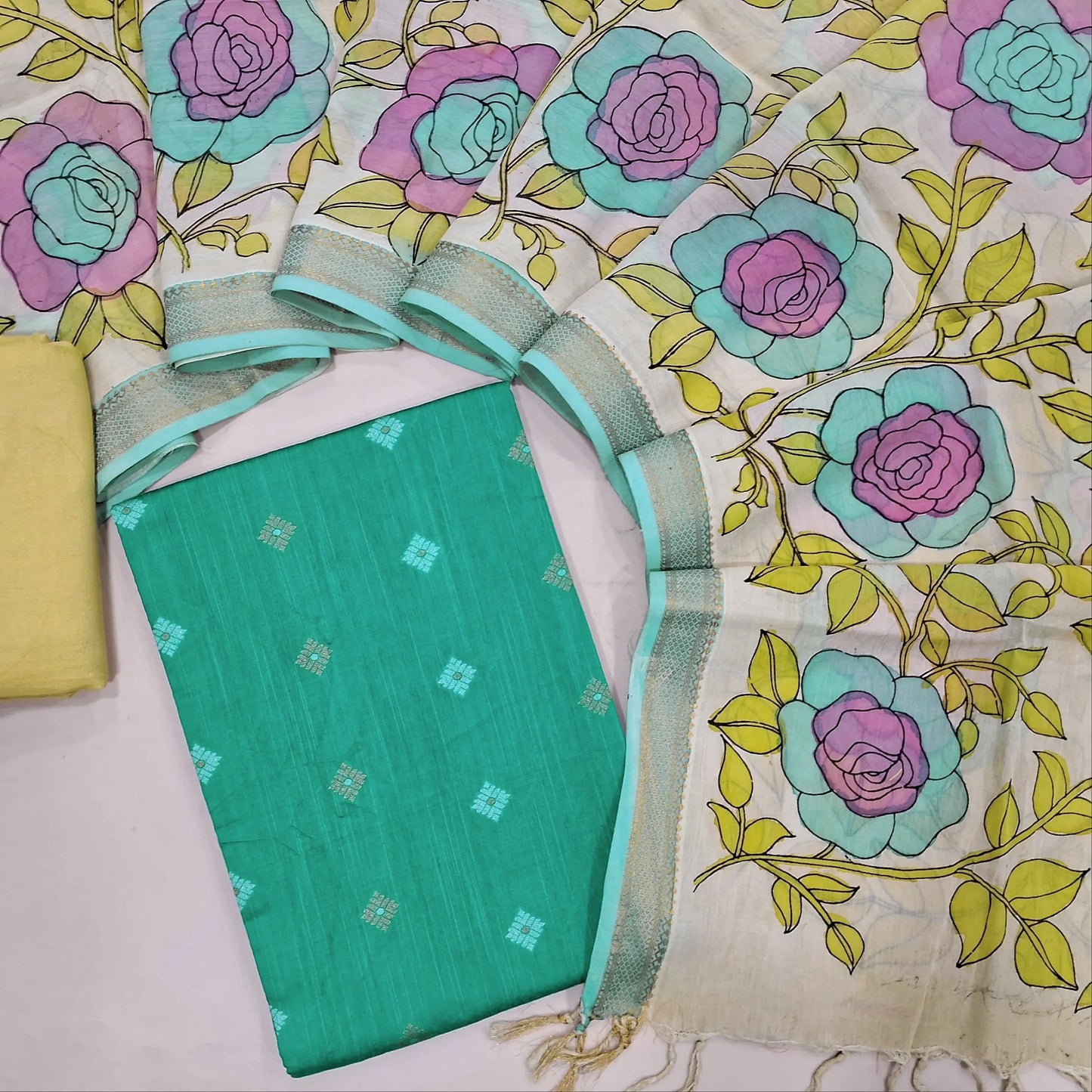 Turquiose blue premium raw silk unstitched salwar material (textured, Lining Needed) silver gold zari buttas all over, santoon bottom, pure pen kalamkari dupatta with nizam borders. JL260714