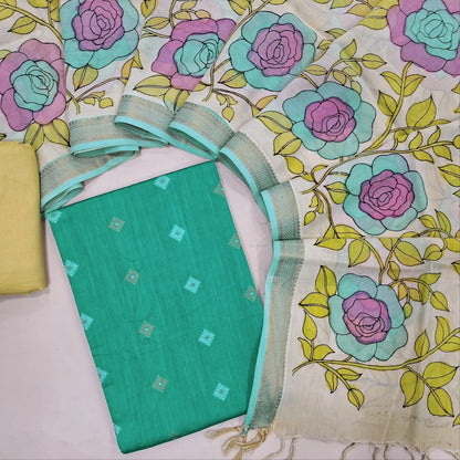 Turquiose blue premium raw silk unstitched salwar material (textured, Lining Needed) silver gold zari buttas all over, santoon bottom, pure pen kalamkari dupatta with nizam borders. JL260714