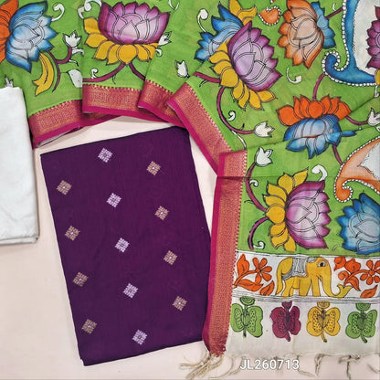 Dark purple premium raw silk unstitched salwar material (textured, Lining Needed) silver gold zari buttas all over, santoon bottom, pure pen kalamkari dupatta with nizam borders. JL260713