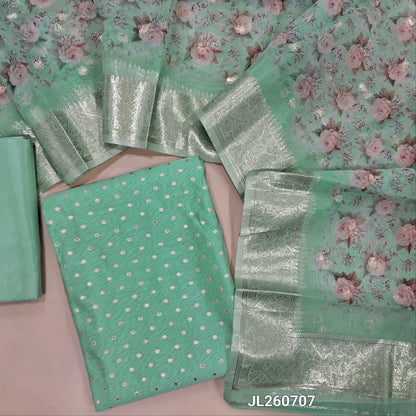 Sea green silk cotton unstitched salwar material,(lining needed)zari buttas all over,matching silky fabric for both bottom and lining,floral printed organza dupatta with benarasi borders. JL260707