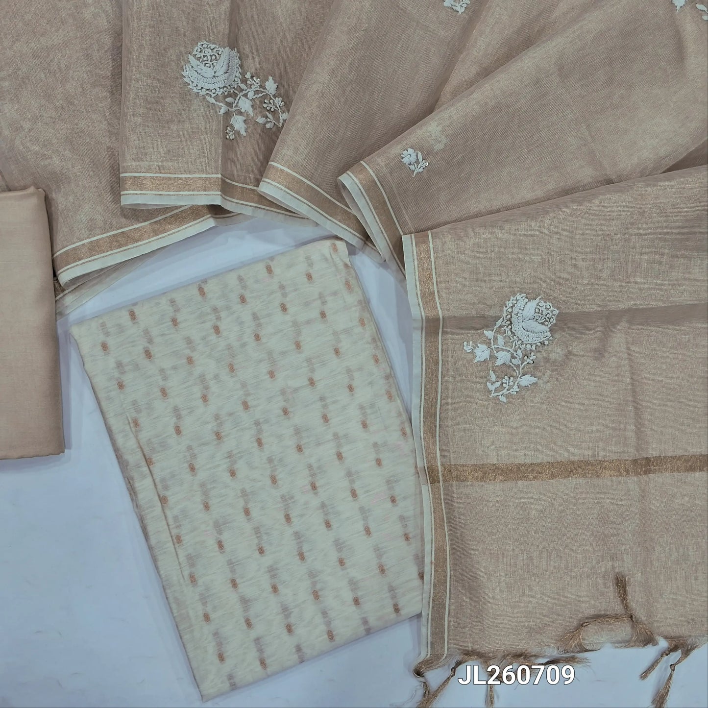 Rich ivory silk cotton unstitched salwar material, zari buttas all over (lining needed)beige santoon bottom,embroidery tissue silk cotton dupatta.JL260709