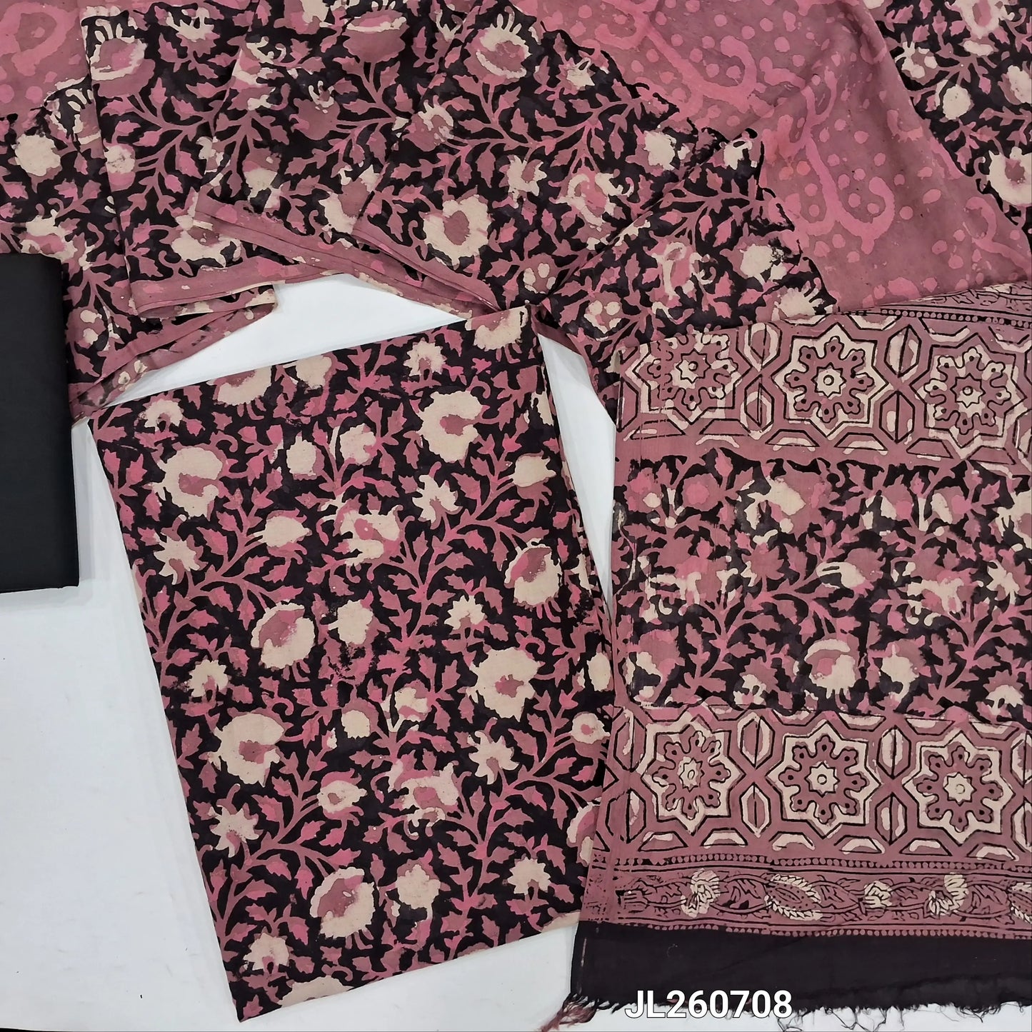 Black & pink hand block printed pure mul cotton unstitched salwar material, (lining needed)black cotton bottom,block printed full length mul cottton dupatta .(TAPINGS NEEDED, INCONSISTENT PRINTS ARE NOT DEFECTS) JL260708