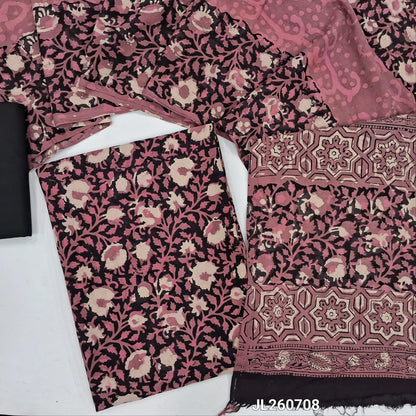 Black & pink hand block printed pure mul cotton unstitched salwar material, (lining needed)black cotton bottom,block printed full length mul cottton dupatta .(TAPINGS NEEDED, INCONSISTENT PRINTS ARE NOT DEFECTS) JL260708