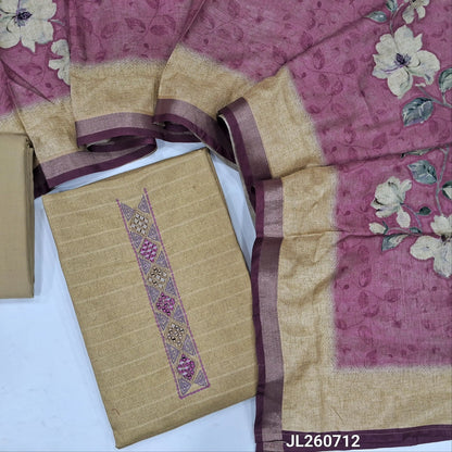 Rich beige digital printed semi tussar unstitched salwar material, real mirror &hand embroidery work on yoke(lining needed)matching cotton bottom, floral printed semi tussar dupatta. JL260712