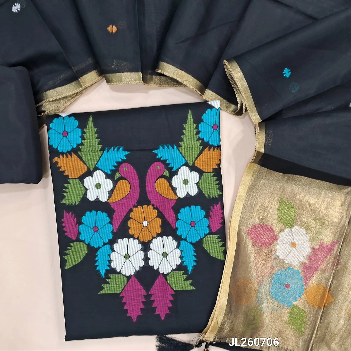 Designer black jamdani woven soft silk cotton unstitched salwar material (lining needed) bird floral weaving work on yoke,thread woven buttas on front, matching santoon bottom, jamdani woven silk cotton dupatta with gold tissue pallu. JL260706
