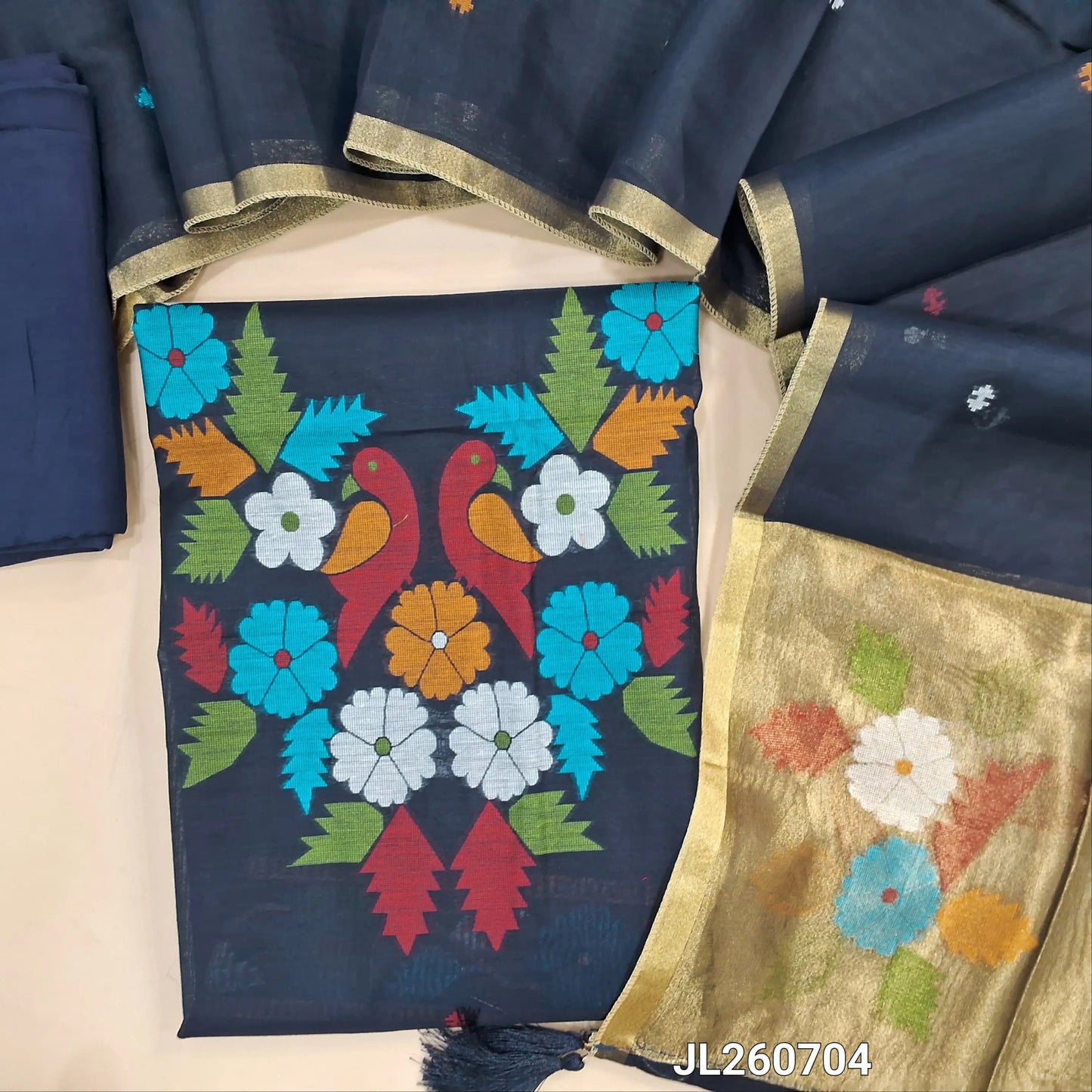 PREORDER SHIPPING AFTER 4 DAYS Designer dark blue  jamdani woven silk cotton unstitched salwar material (lining needed)weaving on yoke,thread woven buttas on front, santoon bottom, jamdani woven silk cotton dupatta with gold tissue pallu. JL260704