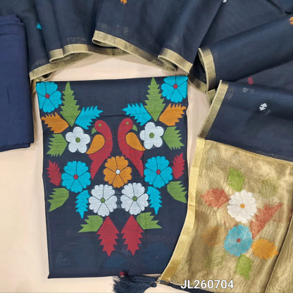 PREORDER SHIPPING AFTER 4 DAYS Designer dark blue  jamdani woven silk cotton unstitched salwar material (lining needed)weaving on yoke,thread woven buttas on front, santoon bottom, jamdani woven silk cotton dupatta with gold tissue pallu. JL260704