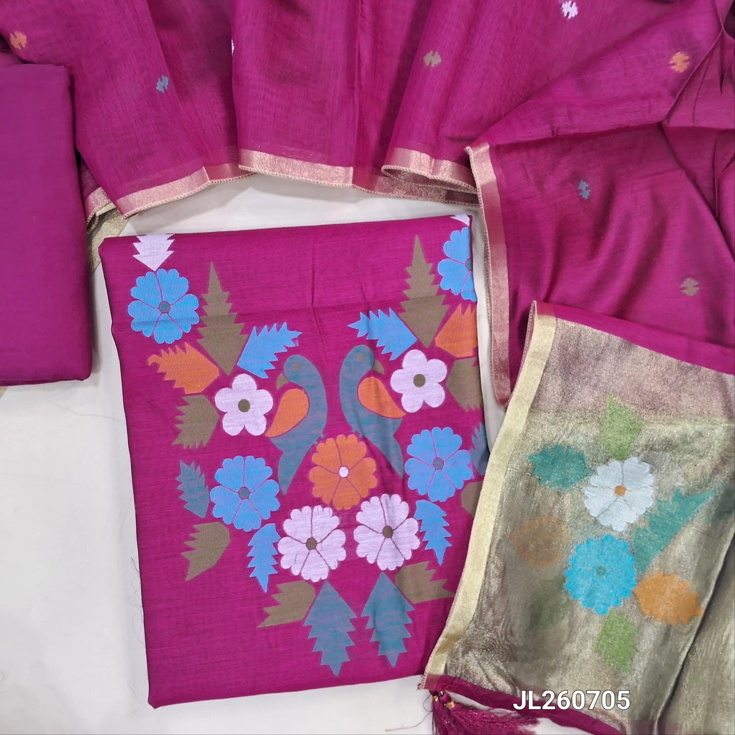 PREORDER SHIPPING AFTER 4 DAYS Designer rani pink jamdani woven silk cotton unstitched salwar material (lining needed)weaving on yoke,thread woven buttas on front, santoon bottom, jamdani woven silk cotton dupatta with gold tissue pallu. JL260705