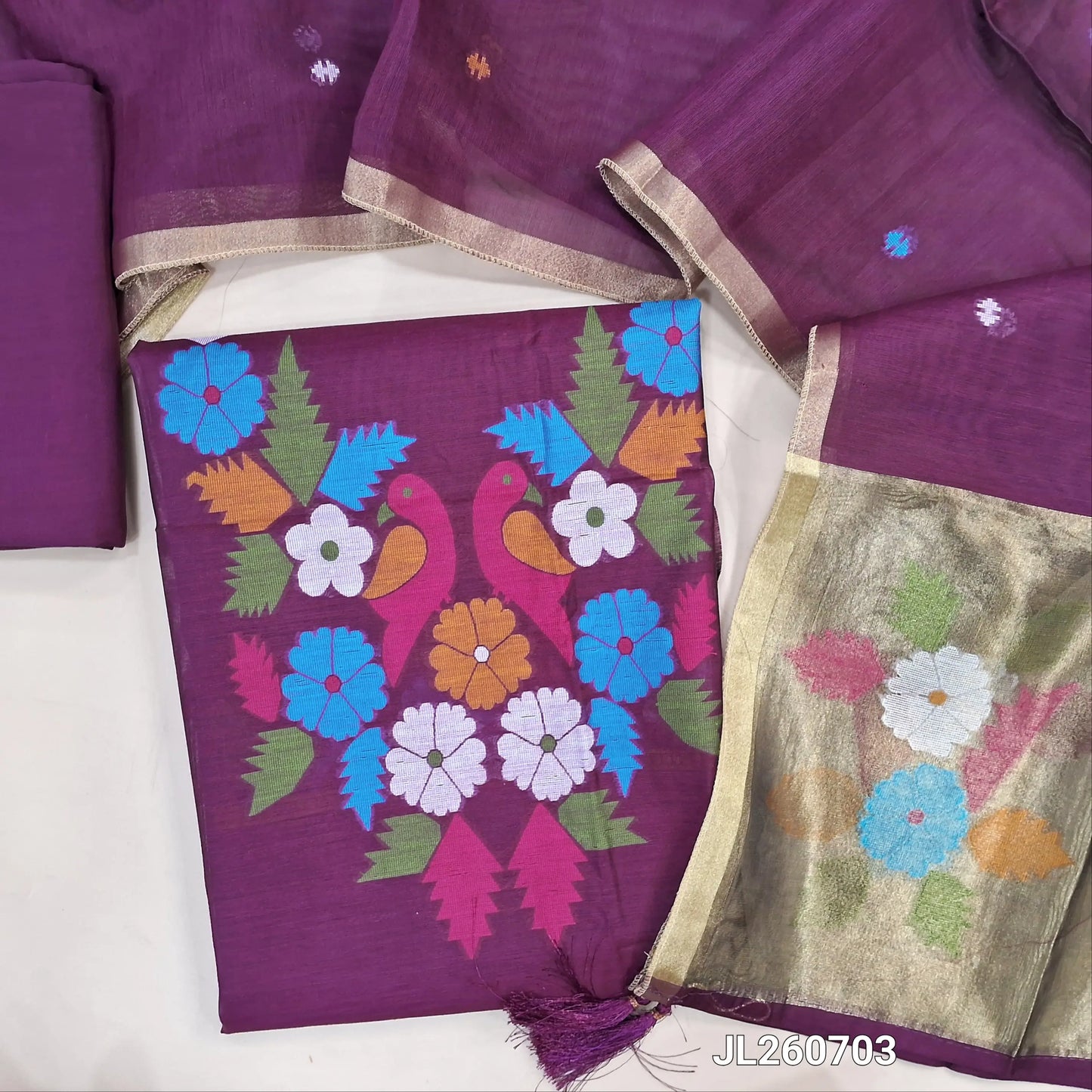 PREORDER SHIPPING AFTER 4 DAYS Designer beetroot purple  jamdani woven silk cotton unstitched salwar material (lining needed)weaving on yoke,thread woven buttas on front, santoon bottom, jamdani woven silk cotton dupatta with gold tissue pallu. JL260703
