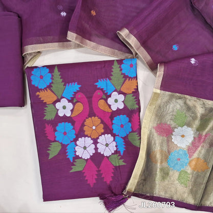 PREORDER SHIPPING AFTER 4 DAYS Designer beetroot purple  jamdani woven silk cotton unstitched salwar material (lining needed)weaving on yoke,thread woven buttas on front, santoon bottom, jamdani woven silk cotton dupatta with gold tissue pallu. JL260703