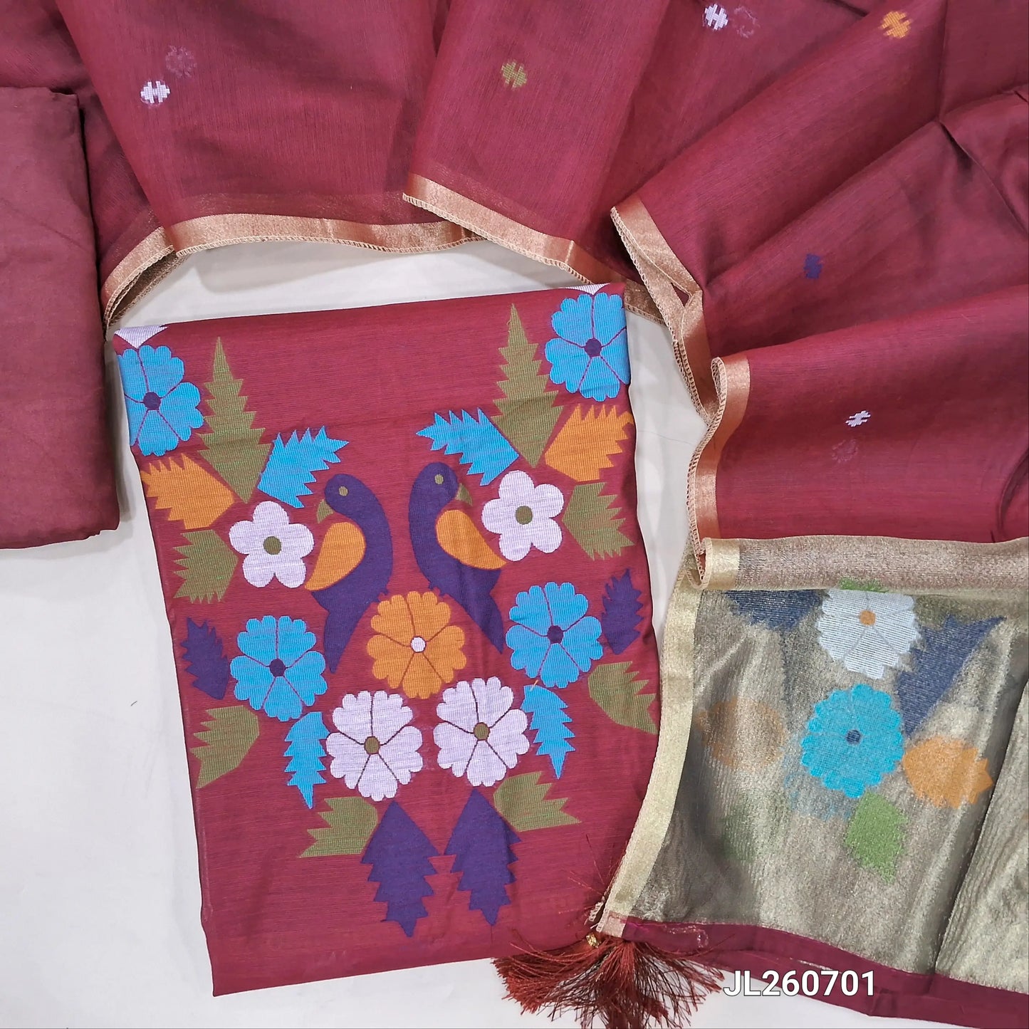 PREORDER SHIPPING AFTER 4 DAYS Designer pinkish maroon jamdani woven silk cotton unstitched salwar material (lining needed)weaving on yoke,thread woven buttas on front, santoon bottom, jamdani woven silk cotton dupatta with gold tissue pallu. JL260701