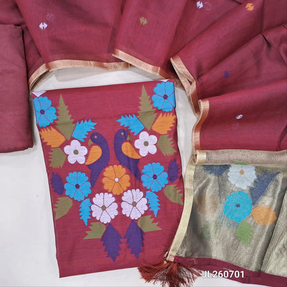 PREORDER SHIPPING AFTER 4 DAYS Designer pinkish maroon jamdani woven silk cotton unstitched salwar material (lining needed)weaving on yoke,thread woven buttas on front, santoon bottom, jamdani woven silk cotton dupatta with gold tissue pallu. JL260701