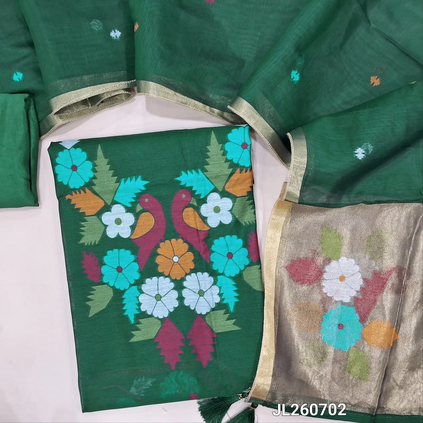 PREORDER SHIPPING AFTER 4 DAYS Designer bottle green jamdani woven silk cotton unstitched salwar material (lining needed)weaving on yoke,thread woven buttas on front, santoon bottom, jamdani woven silk cotton dupatta with gold tissue pallu. JL260702
