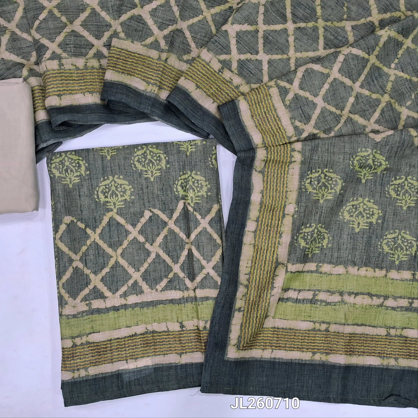 Sage green jute silk unstitched salwar material ( textured,lining needed) printed allover,matching silky bottom, digital printed jute silk dupatta. JL260710