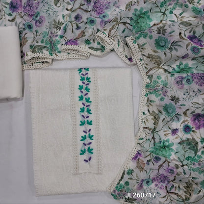 White chikankari embroidery pure cotton unstitched salwar material,hand embroidered & bead work on yoke( lining needed) matching cotton bottom, digital printed chiffon dupatta with lace tapping. JL260717