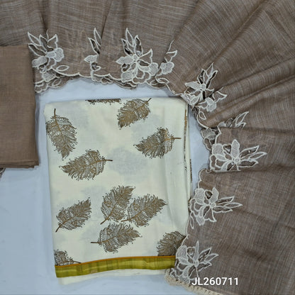 Off white printed cotton unstitched salwar material (lining optional)greyish beige santoon bottom,cotton dupatta with cut work borders &scallop edges. JL260711