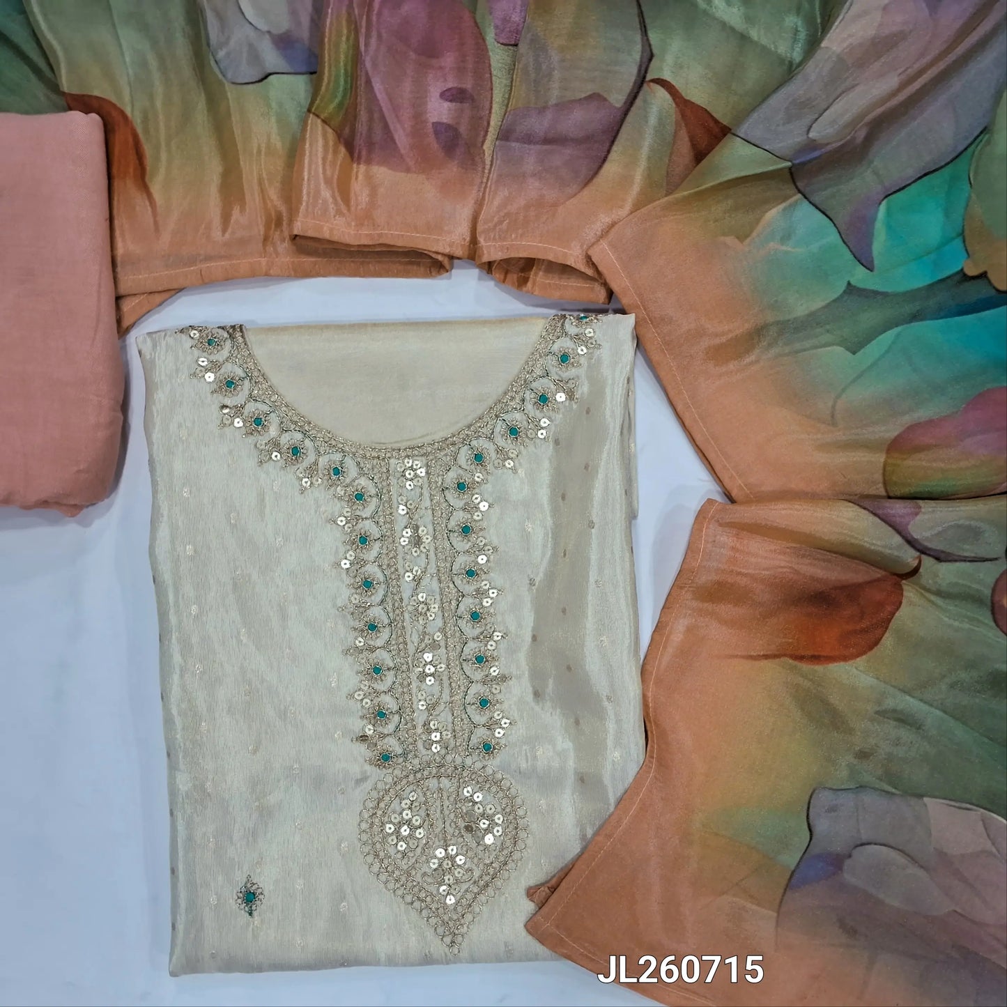 Designer off white base pure tissue organza silk unstitched salwar material, embroidery,zari & sequins work on yoke( lining needed)pink santoon bottom, digital printed pure organza silk short width dupatta. JL260715