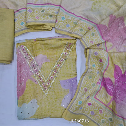 Designer pastel yellow pure muslin silk unstitched salwar material(silky,lining needed)zardozi & faux mirror work on yoke,sequins,floral printed all over, santoon bottom, pure muslin short width dupatta.JL260716