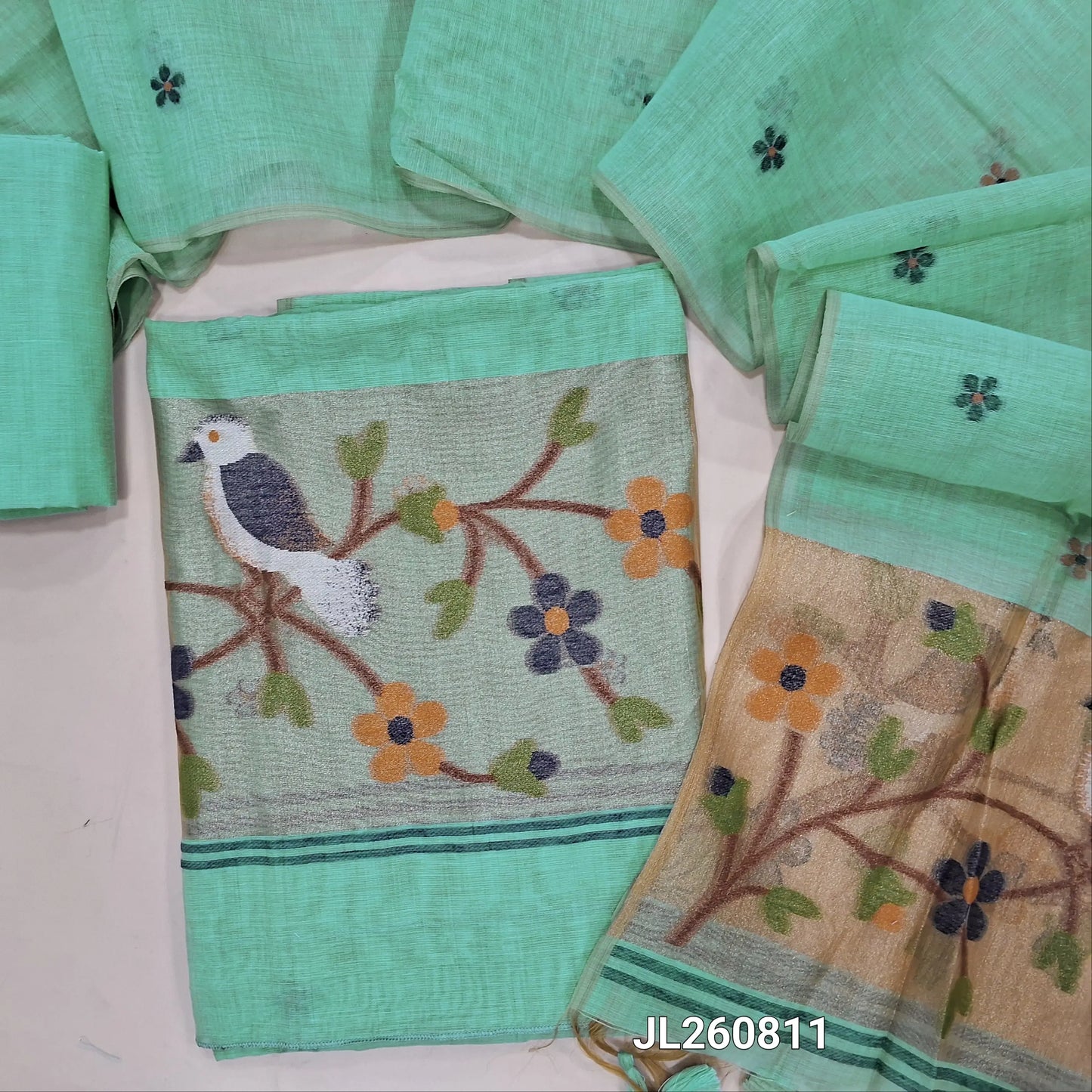 PREORDER SHIPPING AFTER 4 DAYS pastel blue jamdani woven silk cotton unstitched salwar material (lining needed) gold tissue,weaving on daman,thread buttas on front, silk cotton bottom, jamdani woven silk cotton dupatta with gold tissue pallu. JL260811