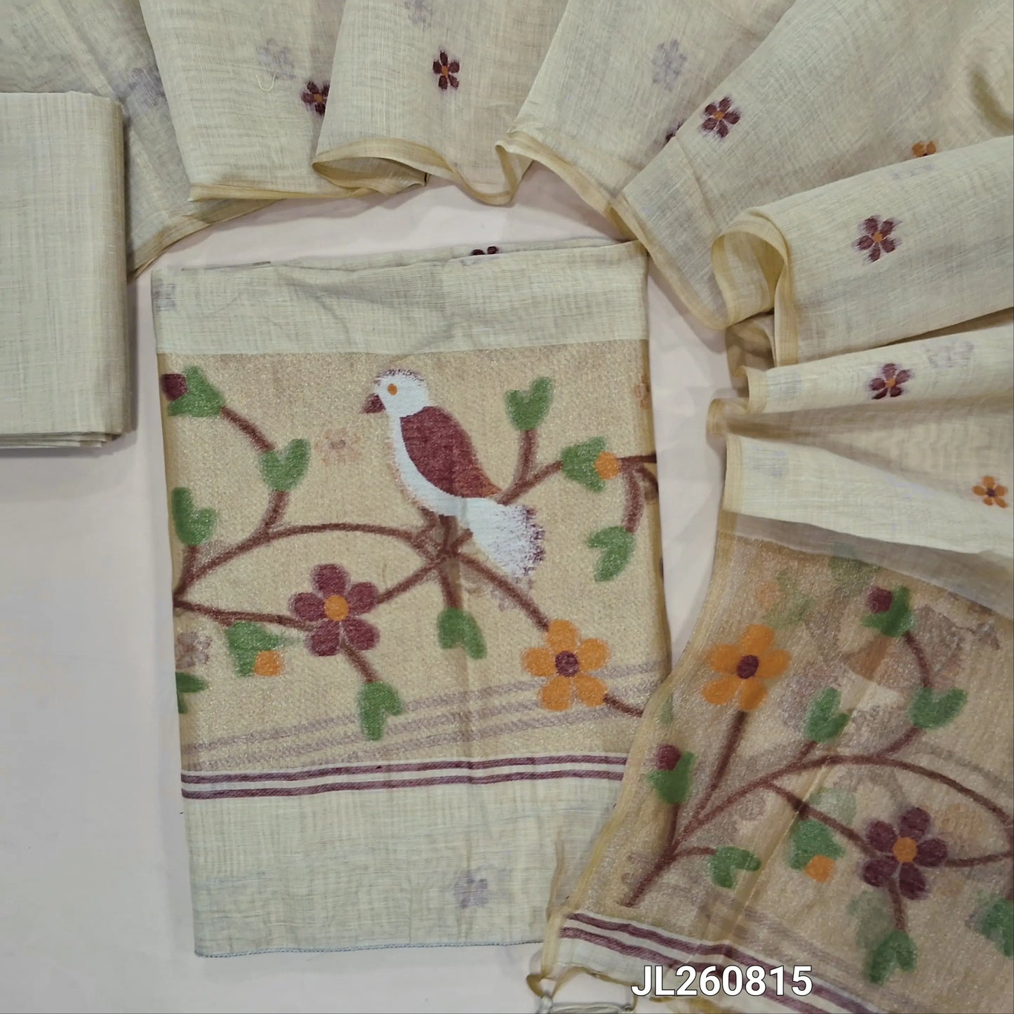 PREORDER SHIPPING AFTER 4 DAYS Rich beige jamdani woven silk cotton unstitched salwar material (lining needed) gold tissue,weaving on daman,thread buttas on front, silk cotton bottom, jamdani woven silk cotton dupatta with gold tissue pallu. JL260815