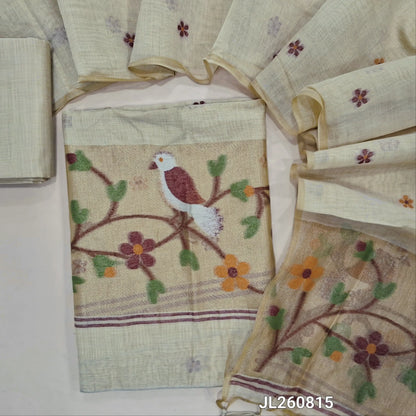 PREORDER SHIPPING AFTER 4 DAYS Rich beige jamdani woven silk cotton unstitched salwar material (lining needed) gold tissue,weaving on daman,thread buttas on front, silk cotton bottom, jamdani woven silk cotton dupatta with gold tissue pallu. JL260815