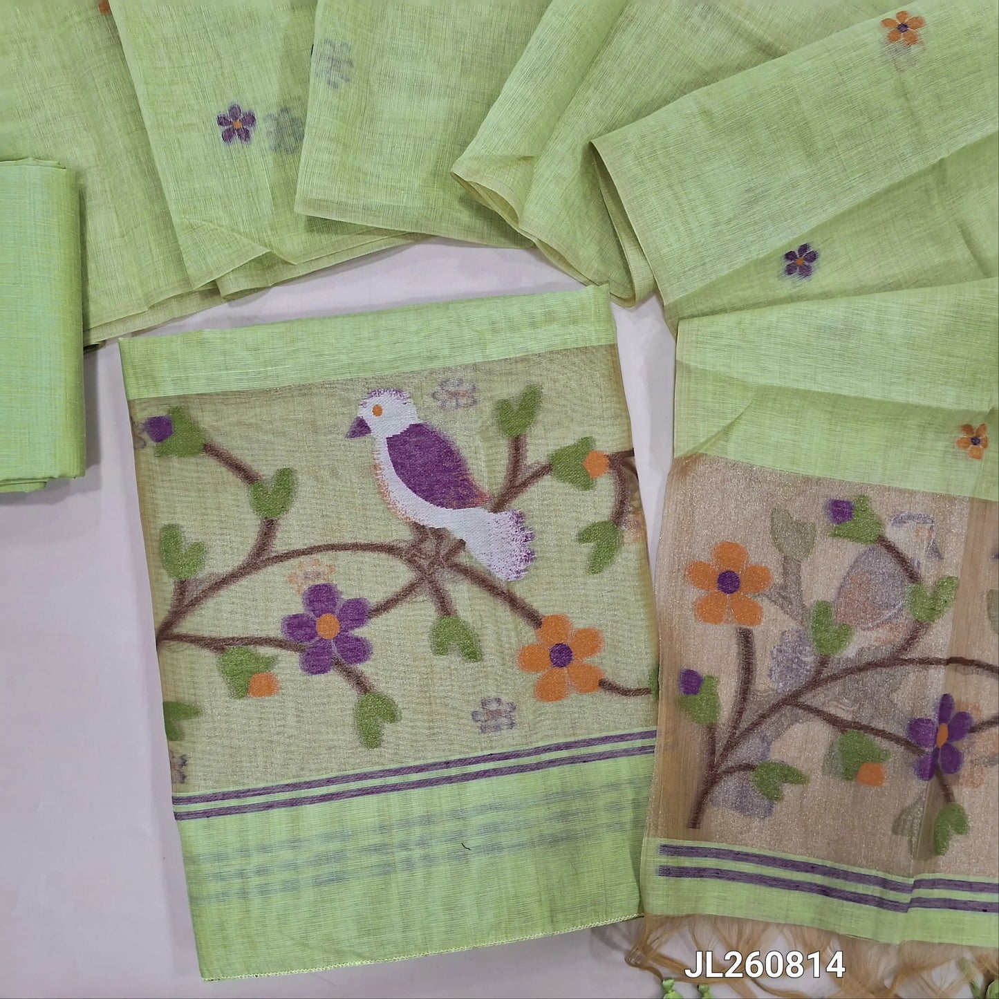 PREORDER SHIPPING AFTER 4 DAYS pastel green jamdani woven silk cotton unstitched salwar material (lining needed) gold tissue,weaving on daman,thread buttas on front, silk cotton bottom, jamdani woven silk cotton dupatta with gold tissue pallu. JL260814