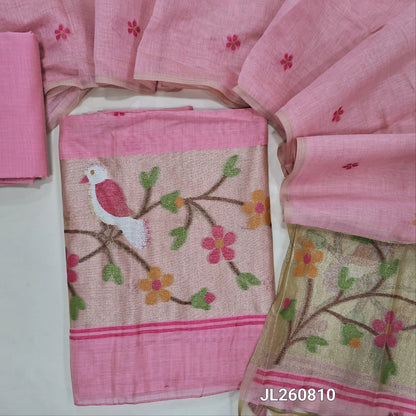 PREORDER SHIPPING AFTER 4 DAYS pastel pink jamdani woven silk cotton unstitched salwar material (lining needed) gold tissue,weaving on daman,thread buttas on front, silk cotton bottom, jamdani woven silk cotton dupatta with gold tissue pallu. JL260810