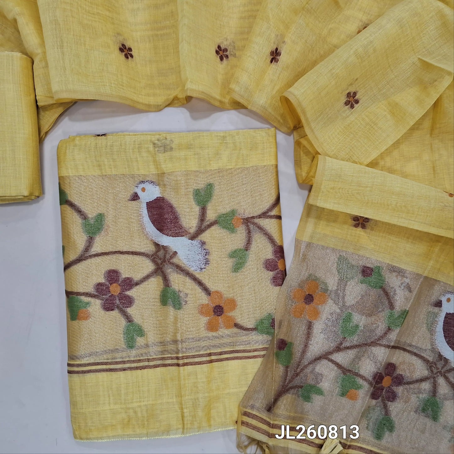 PREORDER SHIPPING AFTER 4 DAYS pastel yellow jamdani woven silk cotton unstitched salwar material (lining needed) gold tissue,weaving on daman,thread buttas on front, silk cotton bottom, jamdani woven silk cotton dupatta with gold tissue pallu. JL260813
