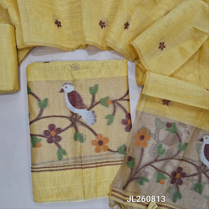 PREORDER SHIPPING AFTER 4 DAYS pastel yellow jamdani woven silk cotton unstitched salwar material (lining needed) gold tissue,weaving on daman,thread buttas on front, silk cotton bottom, jamdani woven silk cotton dupatta with gold tissue pallu. JL260813