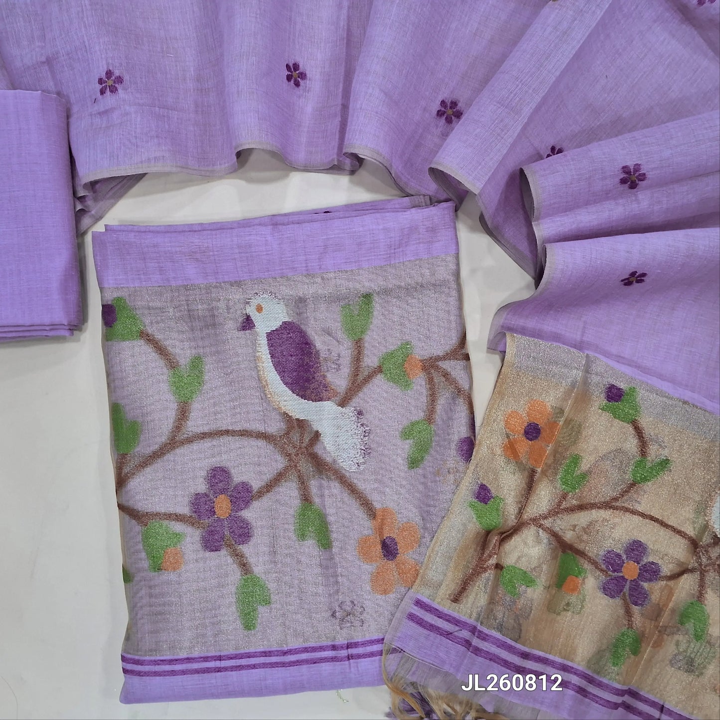 PREORDER SHIPPING AFTER 4 DAYS lavender jamdani woven silk cotton unstitched salwar material (lining needed) gold tissue,weaving on daman,thread buttas on front, silk cotton bottom, jamdani woven silk cotton dupatta with gold tissue pallu.. JL260812