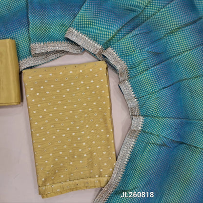 Pastel yellow silk cotton unstitched salwar material(lining needed) zari buttas allover, matching silky fabric for both bottom and lining,digital printed tissue silk dupatta. JL260818
