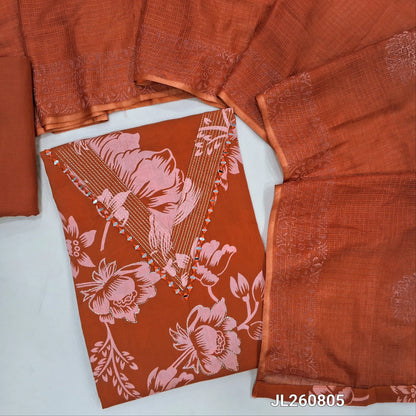 Rust orange floral printed soft cotton unstitched salwar material,zari line & real mirror work on yoke, (lining optional) matching cotton bottom, block printed kota silk cotton dupatta.JL260805