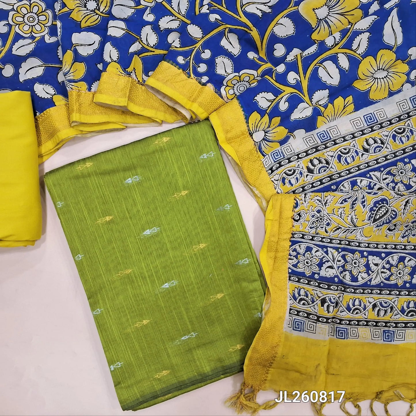 Leafy green raw silk unstitched salwar material (textured, Lining optional) gold & silver zari buttas all over,soft spun cotton bottom,pen kalamkari chennuri silk dupatta with nizam borders. JL260817