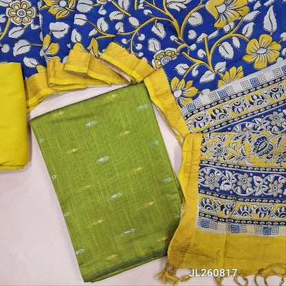 Leafy green raw silk unstitched salwar material (textured, Lining optional) gold & silver zari buttas all over,soft spun cotton bottom,pen kalamkari chennuri silk dupatta with nizam borders. JL260817