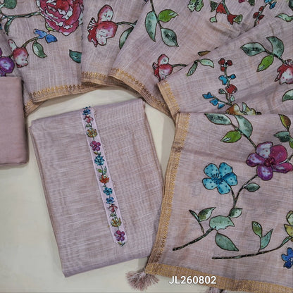 Designer pastel pink with golden tint tissue linen unstitched salwar material,floral design,french knot & sequins work on yoke (lining needed)santoon bottom,hand embroidery premium raw silk applique work on dupatta with benarasi woven borders. JL260802