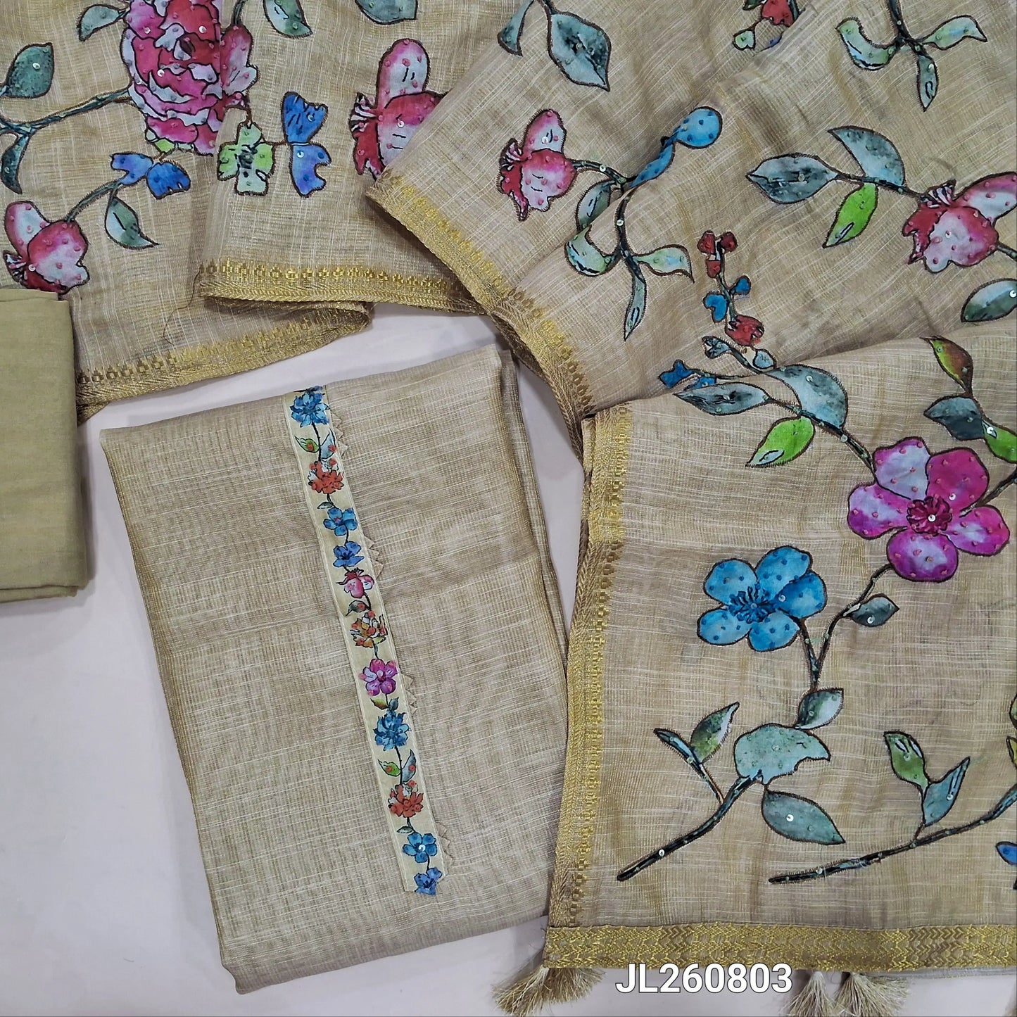 Designer beige with golden tint tissue linen unstitched salwar material,floral design,french knot & sequins work on yoke (lining needed)santoon bottom,hand embroidery premium raw silk applique work on dupatta with benarasi woven borders. JL260803