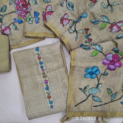 Designer beige with golden tint tissue linen unstitched salwar material,floral design,french knot & sequins work on yoke (lining needed)santoon bottom,hand embroidery premium raw silk applique work on dupatta with benarasi woven borders. JL260803