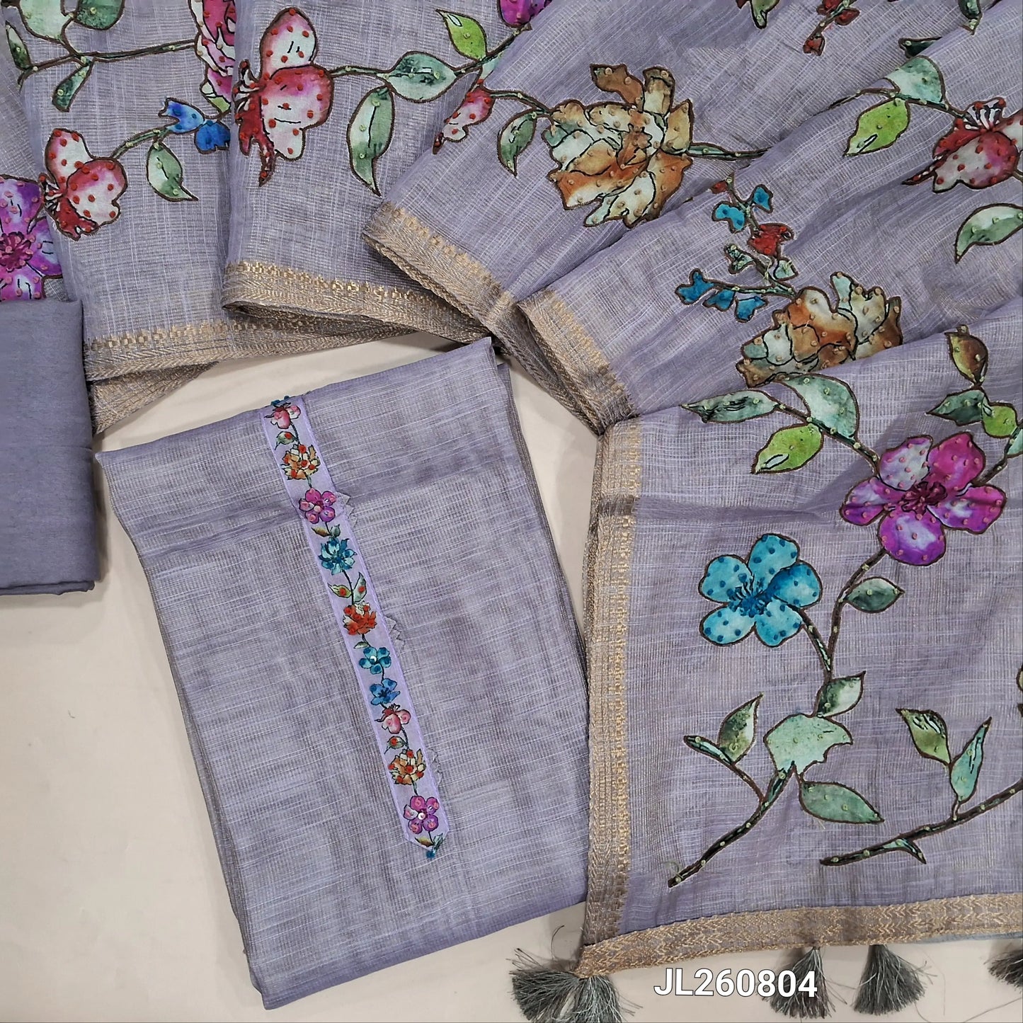 Designer mauve shade with golden tint tissue linen unstitched salwar material,floral design,french knot & sequins work on yoke (lining needed)santoon bottom,hand embroidery premium raw silk applique work on dupatta with benarasi woven borders. JL260804