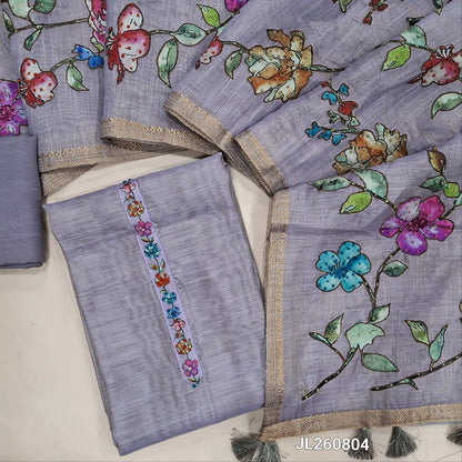Designer mauve shade with golden tint tissue linen unstitched salwar material,floral design,french knot & sequins work on yoke (lining needed)santoon bottom,hand embroidery premium raw silk applique work on dupatta with benarasi woven borders. JL260804