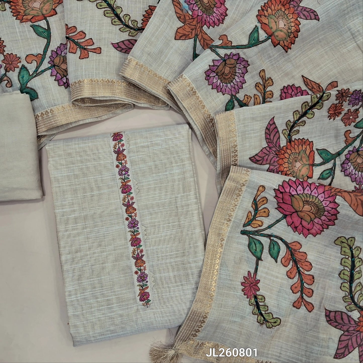 Designer rich beige with golden tint tissue linen unstitched salwar material,floral design,french knot & sequins work on yoke (lining needed)santoon bottom,hand embroidery premium raw silk applique work on dupatta with benarasi woven borders. JL260801