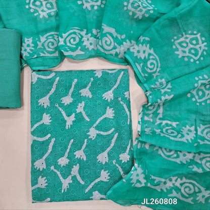 Pastel blue schiffli embroidered batik cotton unstitched salwar material(lining needed)cut work & self embroidery work on front, matching cotton bottom,batik pure mul cotton dupatta. JL260808