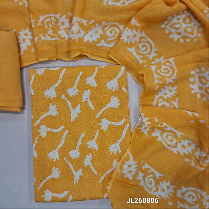 Yellow schiffli embroidered batik cotton unstitched salwar material(lining needed)cut work & self embroidery work on front, matching cotton bottom,batik pure mul cotton dupatta. JL260806