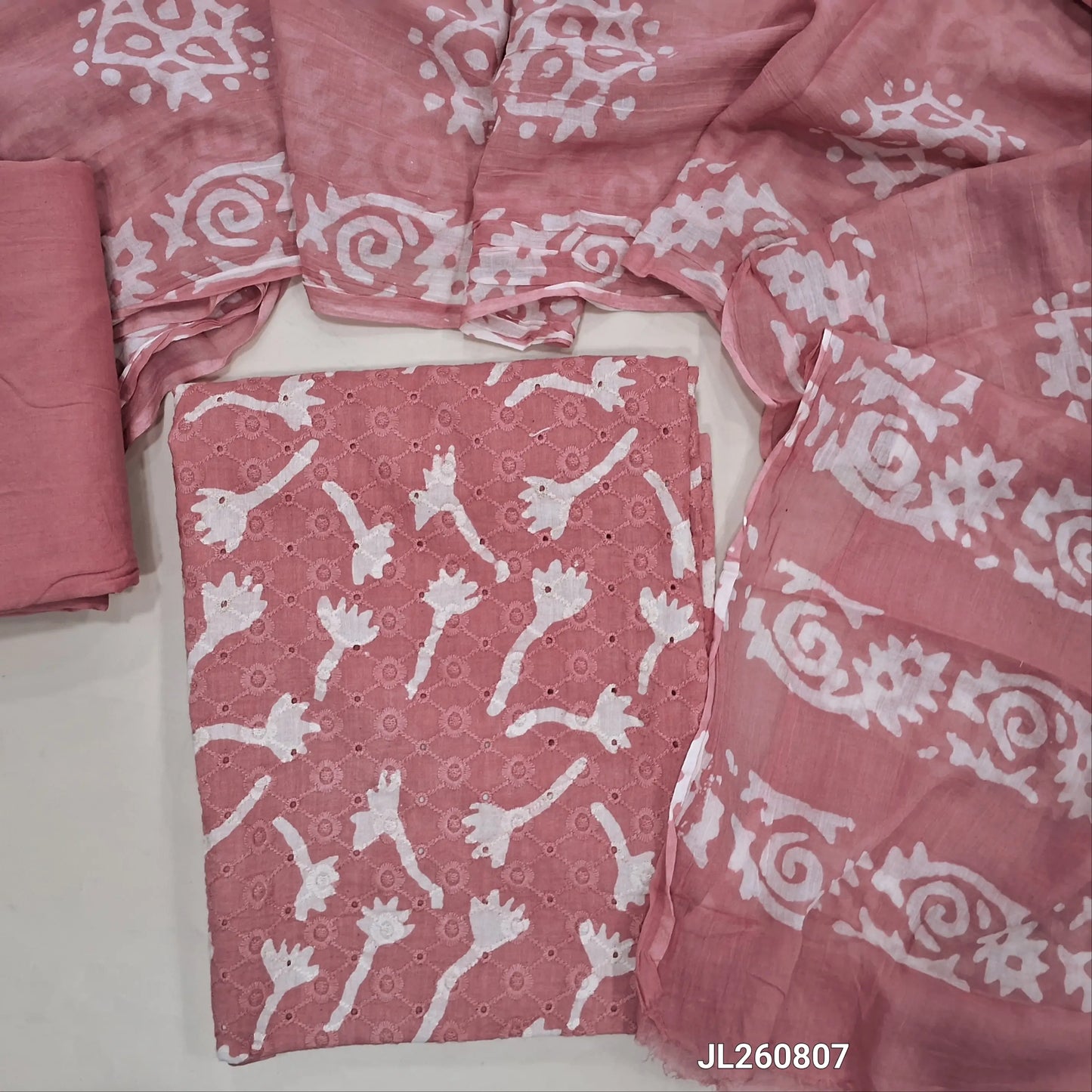Pastel pink schiffli embroidered batik cotton unstitched salwar material(lining needed)cut work & self embroidery work on front, matching cotton bottom,batik pure mul cotton dupatta. JL260807